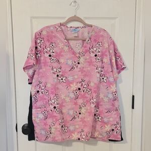 SB Scrubs Pink Floral Patterned Medical Nurse Scrub Top 2X